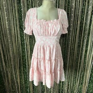 Cute Easter Pastel Pink Floral Puff Sleeve Dress with Ruffle Detail